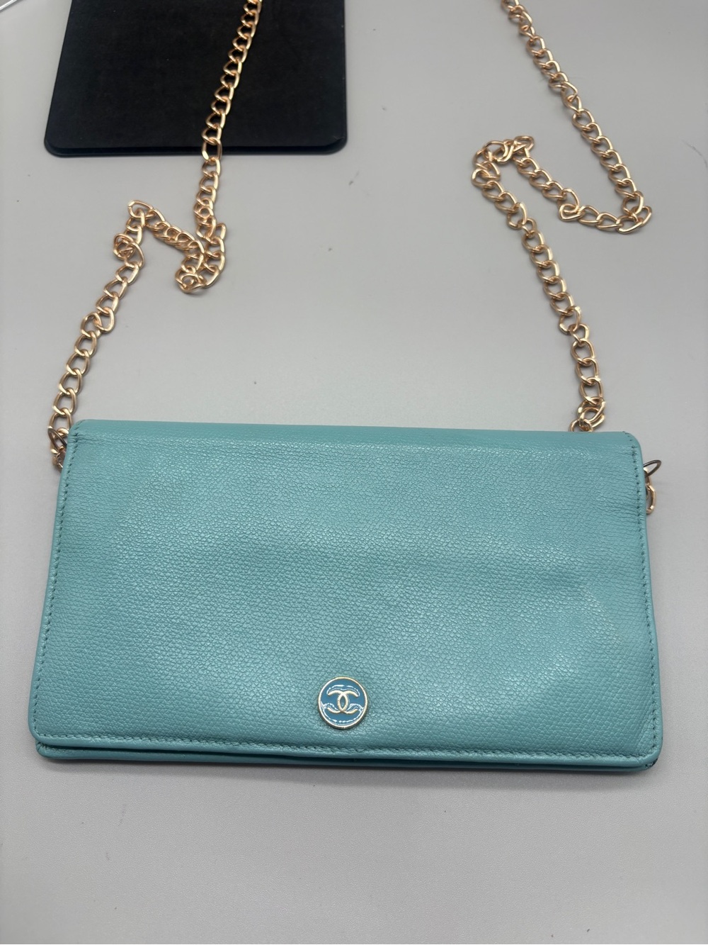 Authentic Chanel Light Turquoise Caviar Wallet – Converted WOC – Entrupy COA